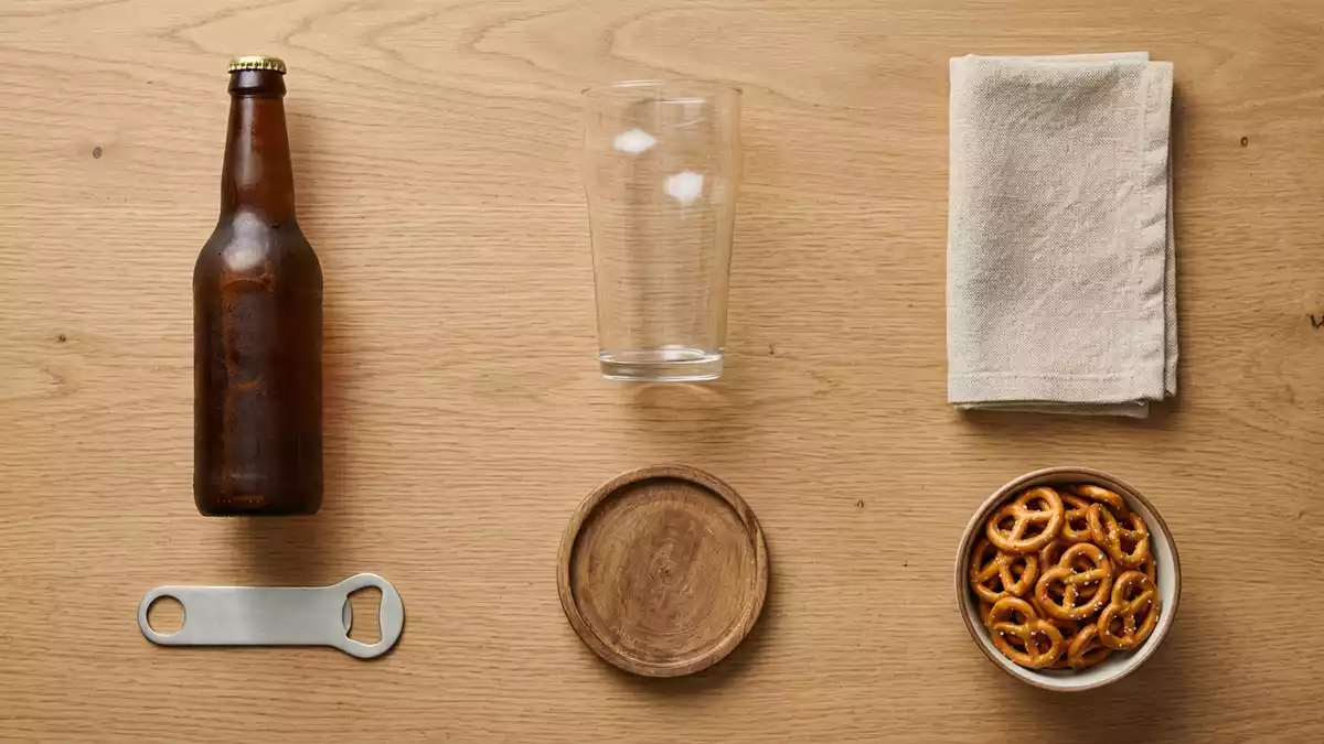 Flatlay-Arrangement rund um Lagerbier mit passenden Requisiten von oben, neutral