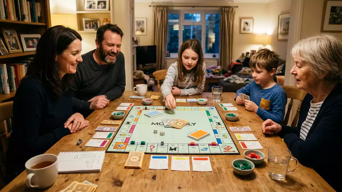Fotorealistische Ansicht von Brettspiel beim Spieleabend in realer Umgebung, neutral