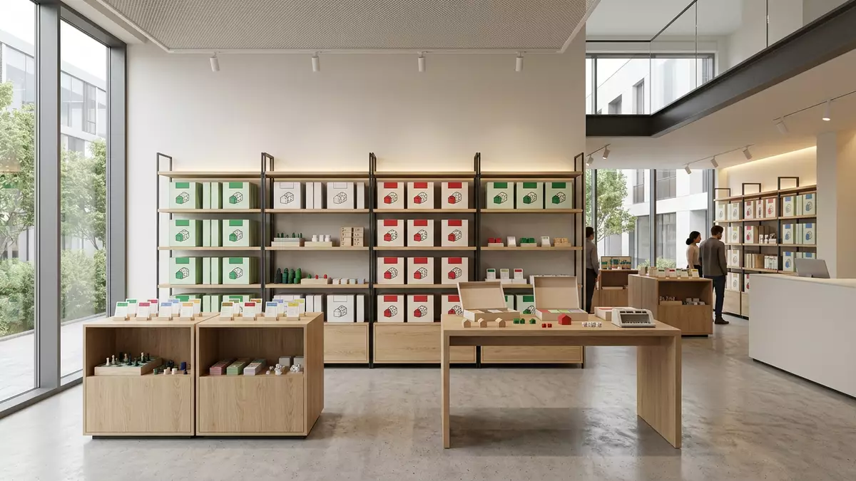 Architektur-Render im Spielwarenhandel mit Brettspiel im Ausstellungsbereich, neutral