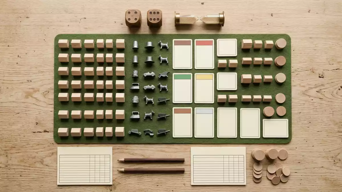 Flatlay-Arrangement rund um Brettspiel mit passenden Requisiten von oben, neutral