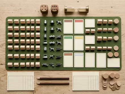 Flatlay-Arrangement rund um Brettspiel zum Thema Monopoly Spiel, ISIN US4180561072, weiches Oberlicht - Foto: THN