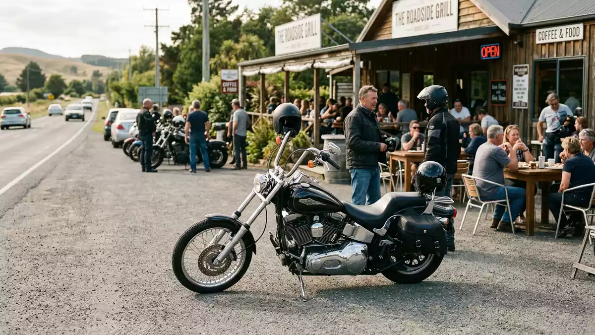Fotorealistische Ansicht von Cruiser-Motorrad auf der Landstraße in realer Umgebung