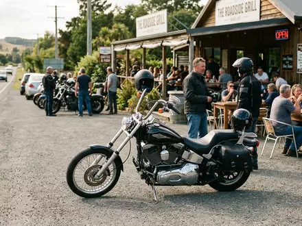 Fotorealistische Aufnahme von Cruiser-Motorrad auf der Landstraße zum Thema Harley-Davidson Sportster, ISIN US4128221086, natuerliches Licht - Foto: THN