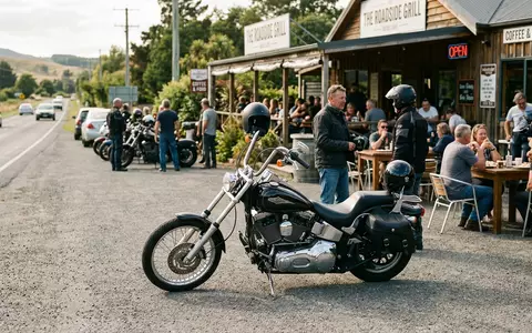 Fotorealistische Aufnahme von Cruiser-Motorrad auf der Landstraße zum Thema Harley-Davidson Sportster, ISIN US4128221086, natuerliches Licht - Foto: THN