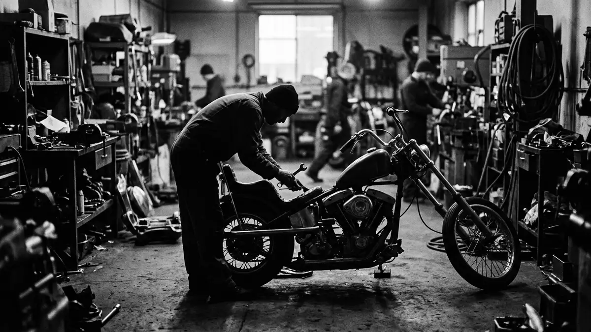 Schwarzweiss-Reportagebild mit Cruiser-Motorrad in dokumentarischer Arbeitsumgebung