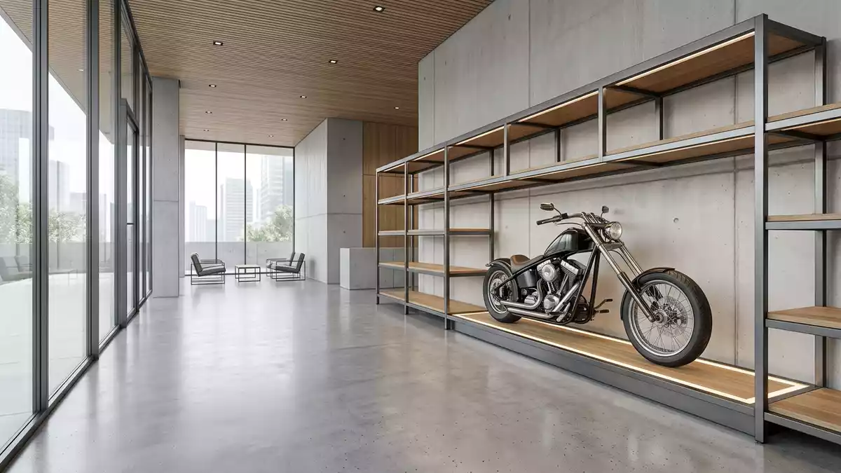 Architektur-Render im Motorradhaus mit Cruiser-Motorrad im Ausstellungsbereich
