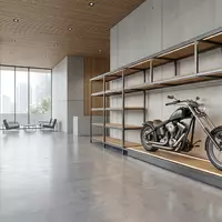 Architektur-Render im Motorradhaus mit Cruiser-Motorrad zum Thema Harley-Davidson Sportster, ISIN US4128221086, neutrales Tageslicht - Foto: THN