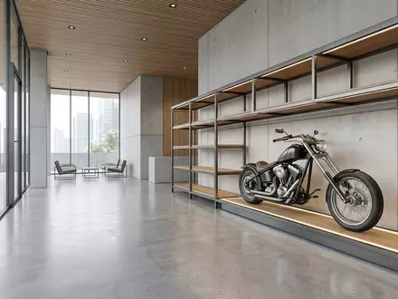 Architektur-Render im Motorradhaus mit Cruiser-Motorrad zum Thema Harley-Davidson Sportster, ISIN US4128221086, neutrales Tageslicht - Foto: THN