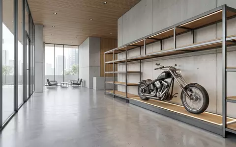 Architektur-Render im Motorradhaus mit Cruiser-Motorrad zum Thema Harley-Davidson Sportster, ISIN US4128221086, neutrales Tageslicht - Foto: THN