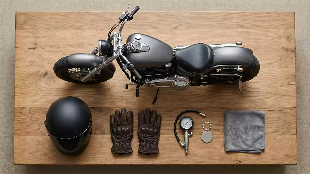 Flatlay-Arrangement rund um Cruiser-Motorrad mit passenden Requisiten von oben