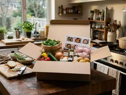 Fotorealistische Aufnahme von Kochbox in der Küche zum Thema HelloFresh Kochbox, ISIN DE000HF25536, natuerliches Licht - Foto: THN