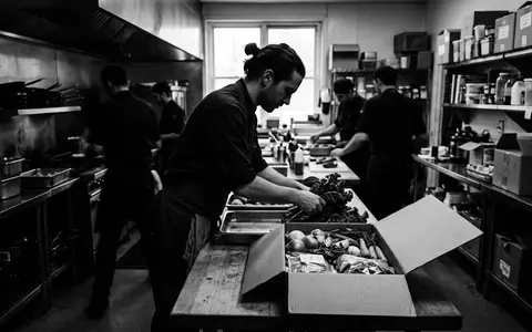 Schwarzweiss-Reportage mit Kochbox zum Thema HelloFresh Kochbox, ISIN DE000HF25536, hoher Kontrast, sachlich dargestellt - Foto: THN