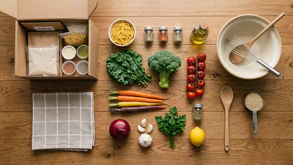 Flatlay-Arrangement rund um Kochbox mit passenden Requisiten von oben, neutral