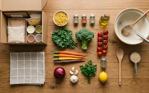Flatlay-Arrangement rund um Kochbox zum Thema HelloFresh Kochbox, ISIN DE000HF25536, weiches Oberlicht - Foto: THN