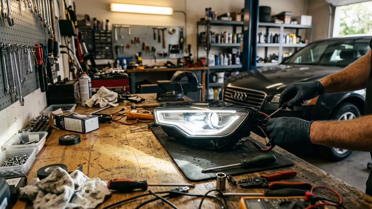 Fotorealistische Ansicht von Autoscheinwerfer in der Werkstatt in realer Umgebung