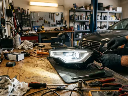 Fotorealistische Aufnahme von Autoscheinwerfer in der Werkstatt zum Thema Hella Scheinwerfer, ISIN DE000A13SX22, natuerliches Licht - Foto: THN