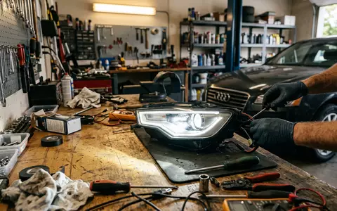 Fotorealistische Aufnahme von Autoscheinwerfer in der Werkstatt zum Thema Hella Scheinwerfer, ISIN DE000A13SX22, natuerliches Licht - Foto: THN