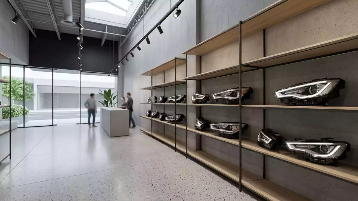 Architektur-Render im Autoteilehandel mit Autoscheinwerfer im Ausstellungsbereich