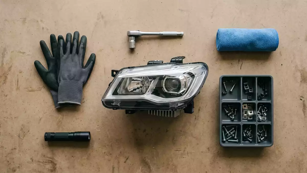 Flatlay-Arrangement rund um Autoscheinwerfer mit passenden Requisiten von oben