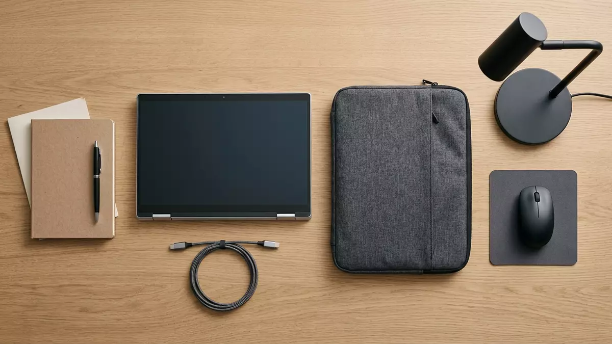 Flatlay-Arrangement rund um Convertible-Laptop mit passenden Requisiten von oben