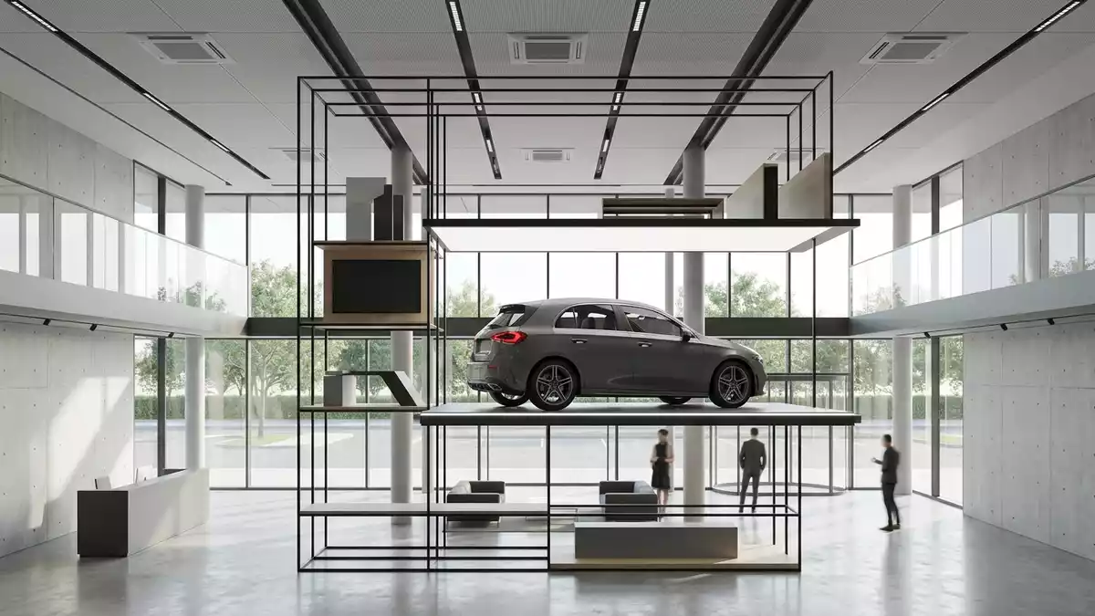 Architektur-Render im Autohaus mit Kompaktwagen im Ausstellungsbereich, neutral