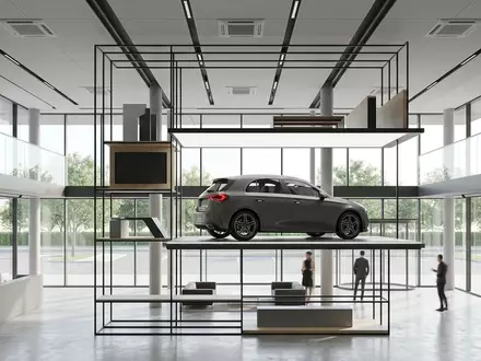 Architektur-Render im Autohaus mit Kompaktwagen zum Thema Honda Civic, ISIN JP3854600008, neutrales Tageslicht - Foto: THN
