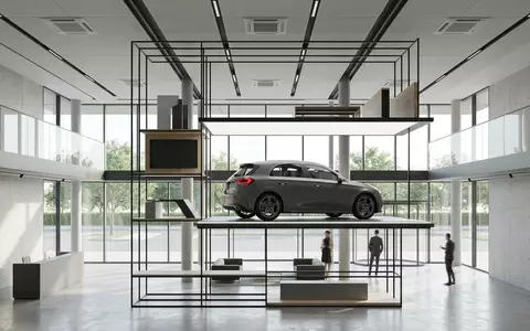 Architektur-Render im Autohaus mit Kompaktwagen zum Thema Honda Civic, ISIN JP3854600008, neutrales Tageslicht - Foto: THN