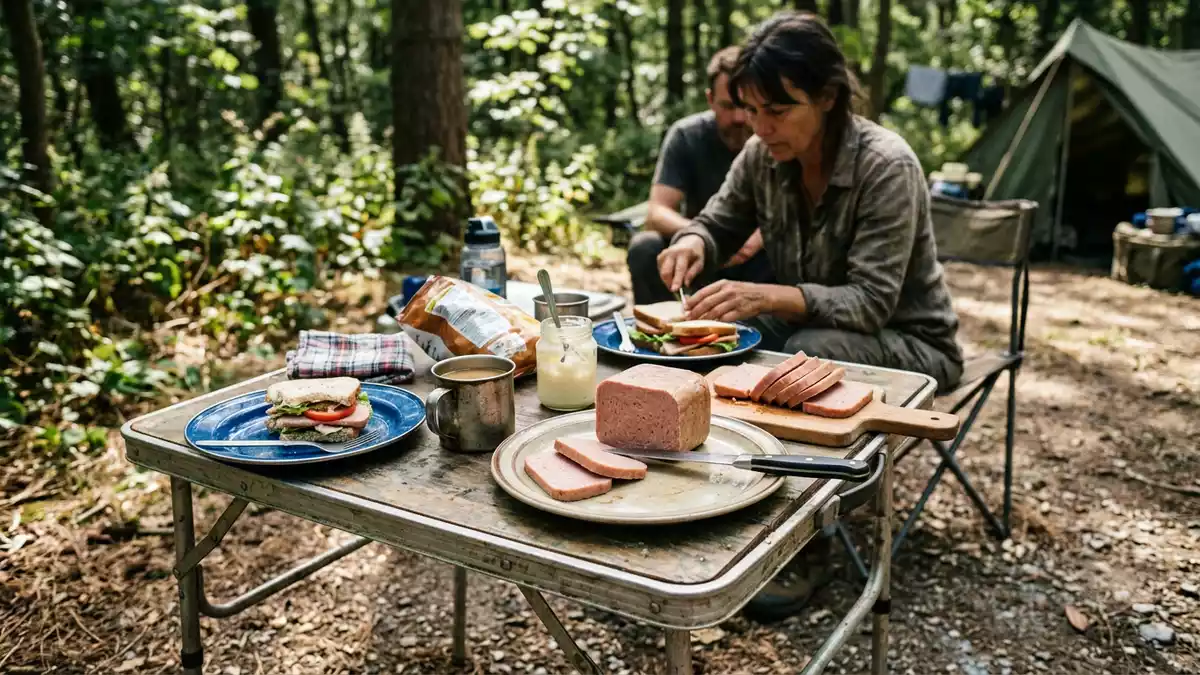 Fotorealistische Ansicht von Dosenfleisch beim Camping in realer Umgebung, neutral