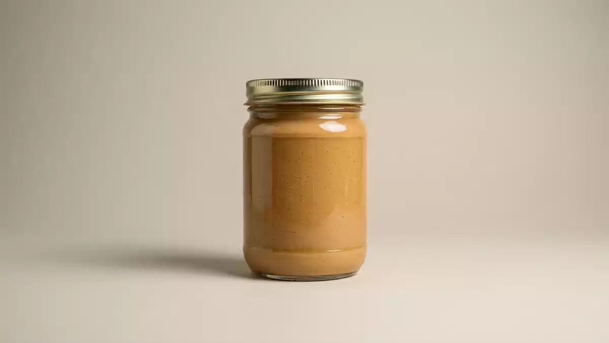 Fotorealistische Studioansicht von Erdnussbutter in neutraler Produktdarstellung