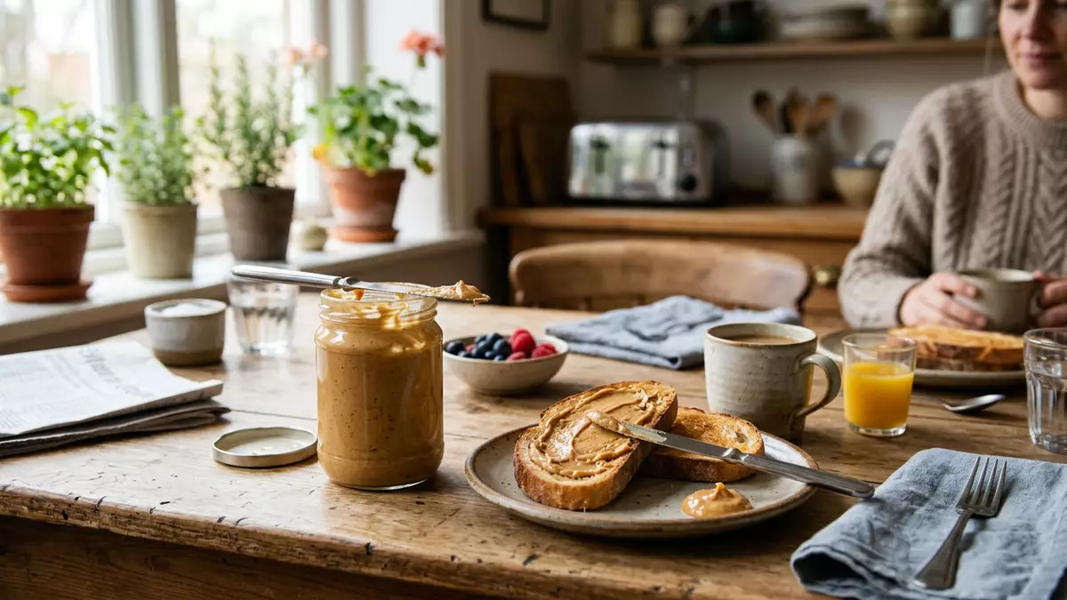 Fotorealistische Ansicht von Erdnussbutter beim Frühstück in realer Umgebung, neutral