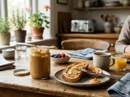 Fotorealistische Aufnahme von Erdnussbutter beim Frühstück zum Thema Skippy Peanut Butter, ISIN US5650261071, natuerliches Licht - Foto: THN