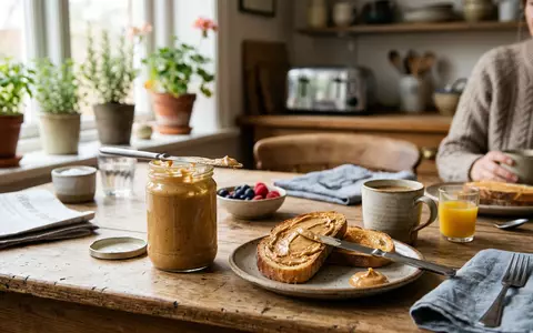 Fotorealistische Aufnahme von Erdnussbutter beim Frühstück zum Thema Skippy Peanut Butter, ISIN US5650261071, natuerliches Licht - Foto: THN