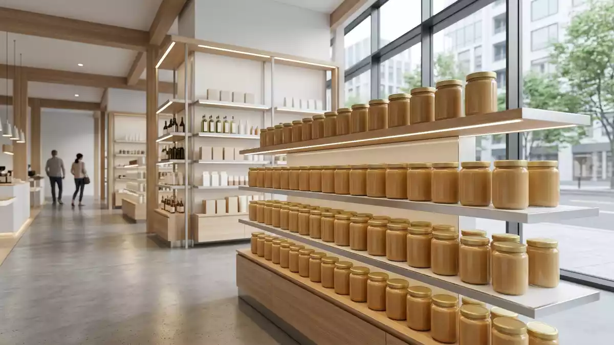 Architektur-Render im Supermarkt mit Erdnussbutter im Ausstellungsbereich, neutral