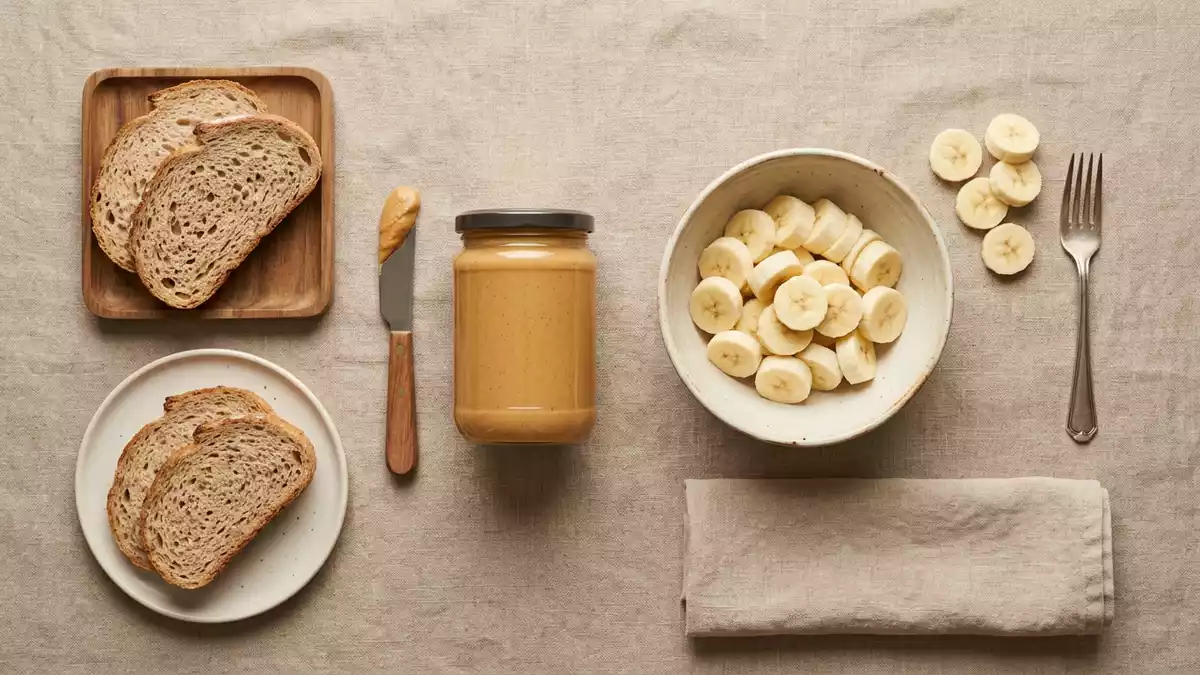 Flatlay-Arrangement rund um Erdnussbutter mit passenden Requisiten von oben, neutral