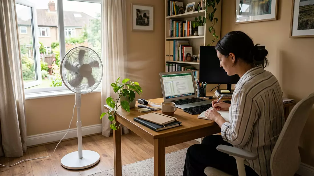 Fotorealistische Ansicht von Standventilator im Arbeitszimmer in realer Umgebung
