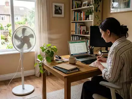Fotorealistische Aufnahme von Standventilator im Arbeitszimmer zum Thema Honeywell Ventilator, ISIN US4385161066, natuerliches Licht - Foto: THN