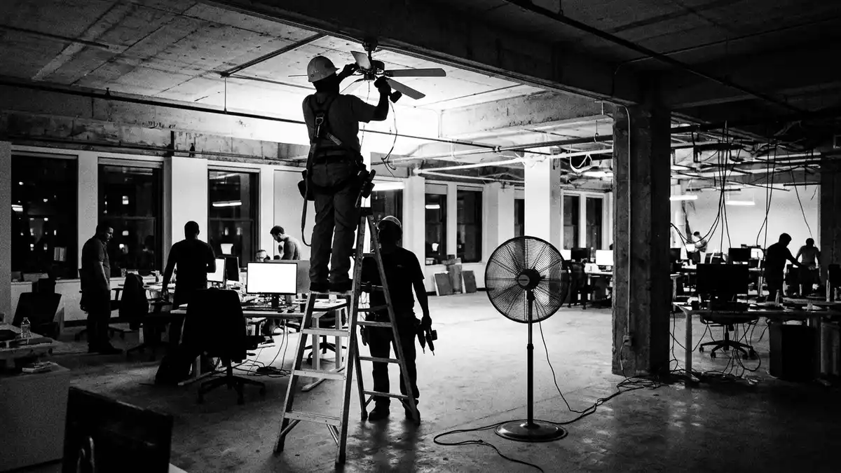 Schwarzweiss-Reportagebild mit Standventilator in dokumentarischer Arbeitsumgebung