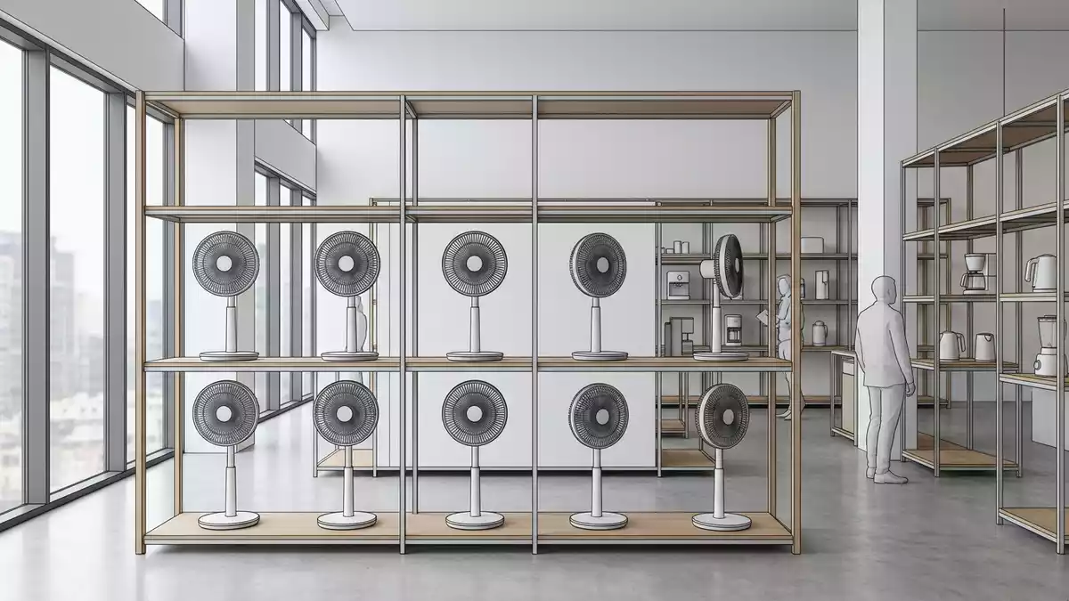Architektur-Render im Elektrofachmarkt mit Standventilator im Ausstellungsbereich