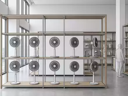Architektur-Render im Elektrofachmarkt mit Standventilator zum Thema Honeywell Ventilator, ISIN US4385161066, neutrales Tageslicht - Foto: THN