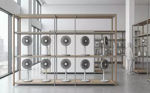 Architektur-Render im Elektrofachmarkt mit Standventilator zum Thema Honeywell Ventilator, ISIN US4385161066, neutrales Tageslicht - Foto: THN