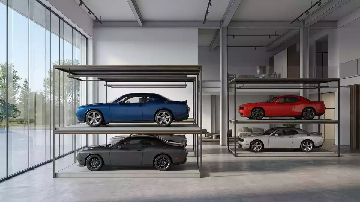 Architektur-Render im Autohaus mit Sportcoupé im Ausstellungsbereich, neutral