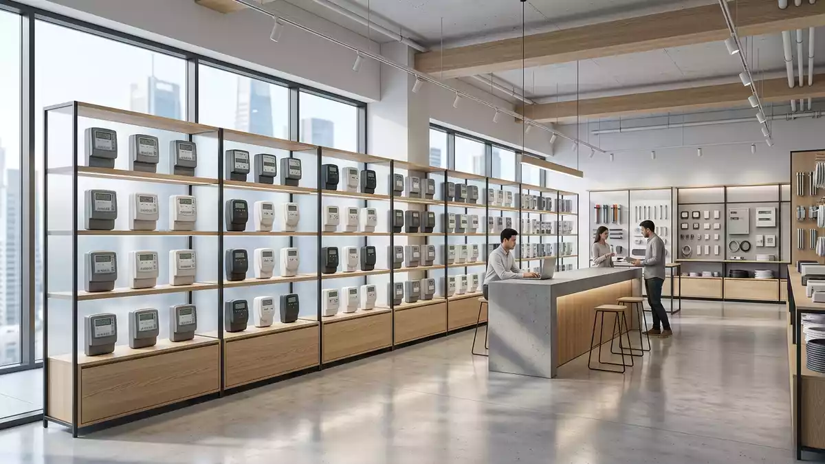 Architektur-Render im Elektrofachhandel mit Stromzähler im Ausstellungsbereich