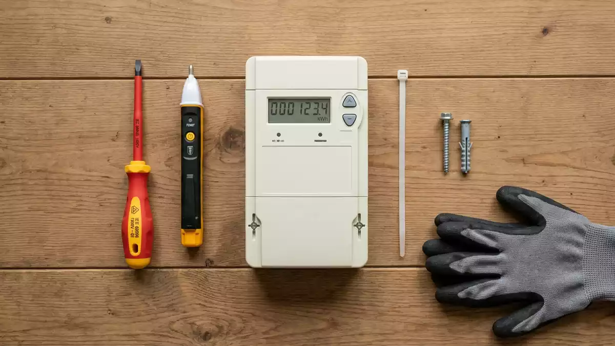 Flatlay-Arrangement rund um Stromzähler mit passenden Requisiten von oben, neutral
