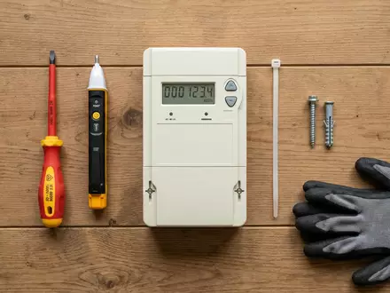 Flatlay-Arrangement rund um Stromzähler zum Thema Fortum Strom, ISIN FI0009007132, weiches Oberlicht - Foto: THN