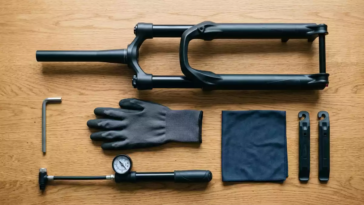 Flatlay-Arrangement rund um Federgabel mit passenden Requisiten von oben, neutral