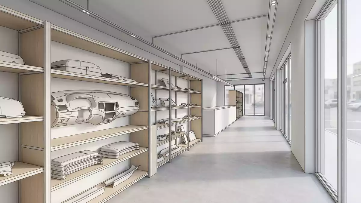 Architektur-Render im Autoteilehandel mit Armaturenbrett im Ausstellungsbereich