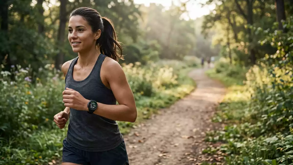 Fotorealistische Ansicht von Fitnessuhr beim Sport in realer Umgebung, neutral
