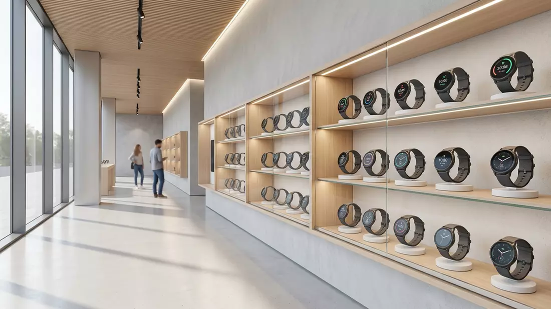 Architektur-Render im Elektronik-Fachmarkt mit Fitnessuhr im Ausstellungsbereich