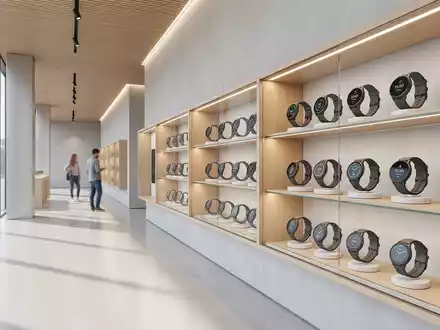 Architektur-Render im Elektronik-Fachmarkt mit Fitnessuhr zum Thema Fossil Gen 6 Smartwatch, ISIN US34959E1091, neutrales Tageslicht - Foto: THN