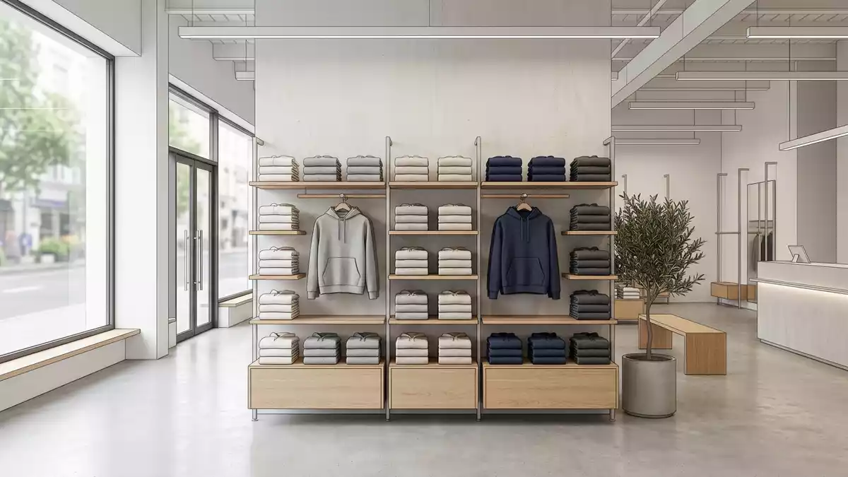 Architektur-Render im Bekleidungsgeschäft mit Kapuzenpullover im Ausstellungsbereich